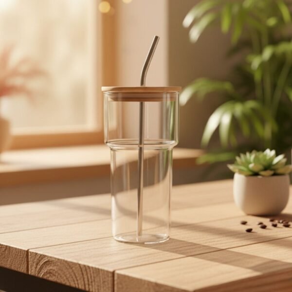 Vaso de vidrio con pitillo