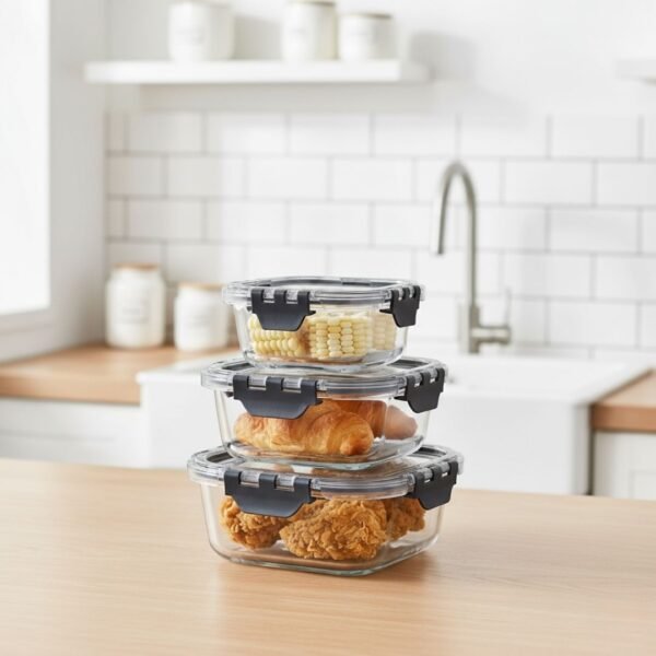 Set x3 refractarias portacomidas de vidrio cuadrados